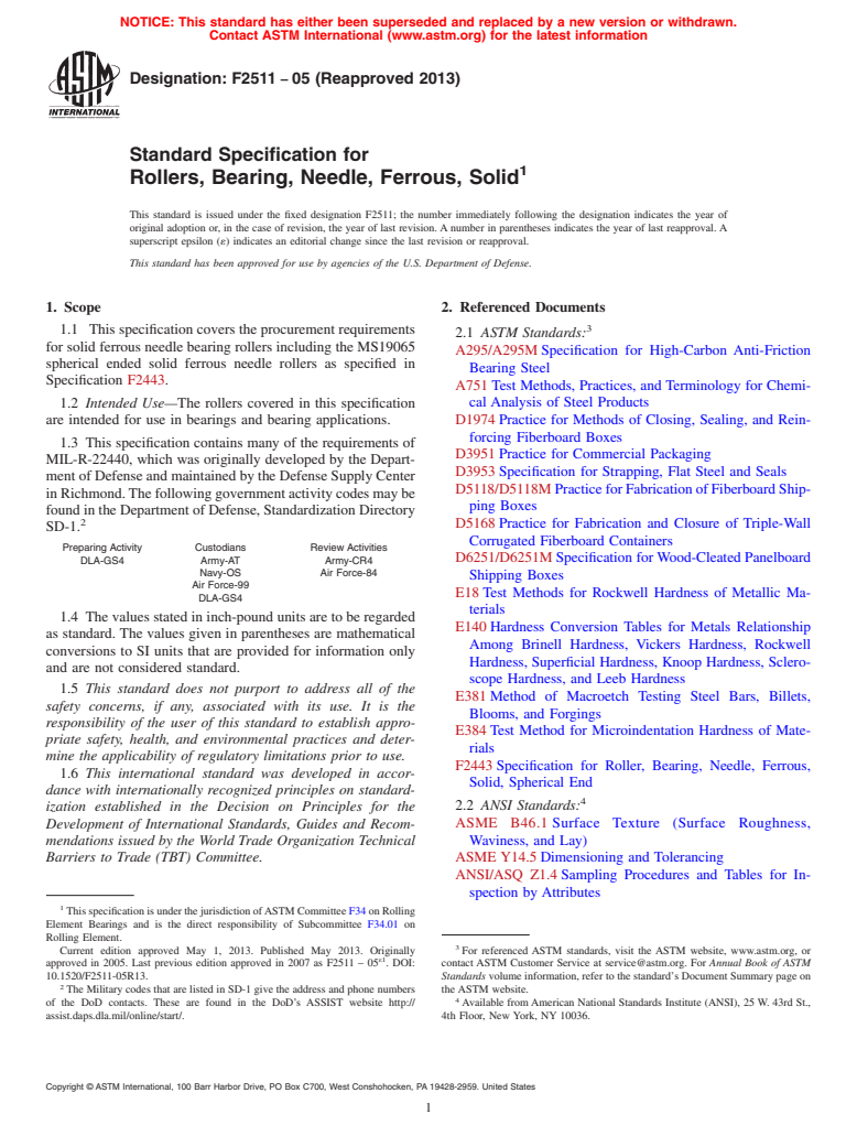 ASTM F2511-05(2013) - Standard Specification for  Rollers, Bearing, Needle, Ferrous, Solid