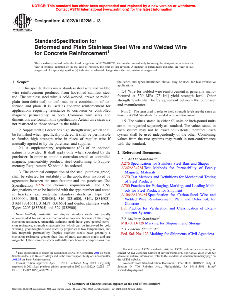 ASTM A1022/A1022M-13 - Standard Specification for  Deformed and Plain Stainless Steel Wire and Welded Wire for  Concrete Reinforcement