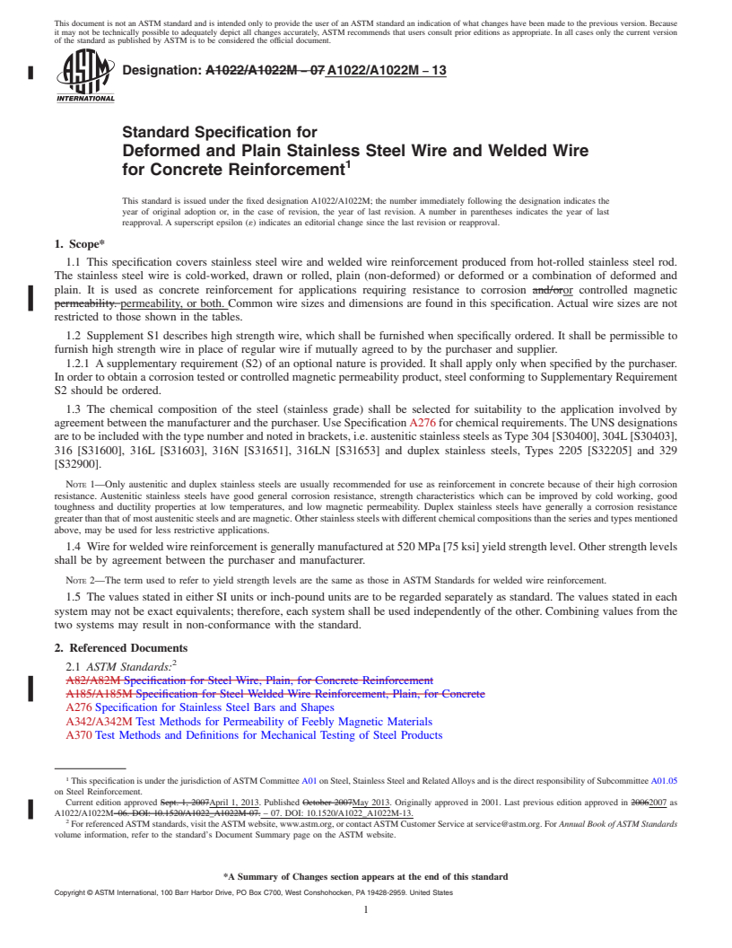 REDLINE ASTM A1022/A1022M-13 - Standard Specification for  Deformed and Plain Stainless Steel Wire and Welded Wire for  Concrete Reinforcement