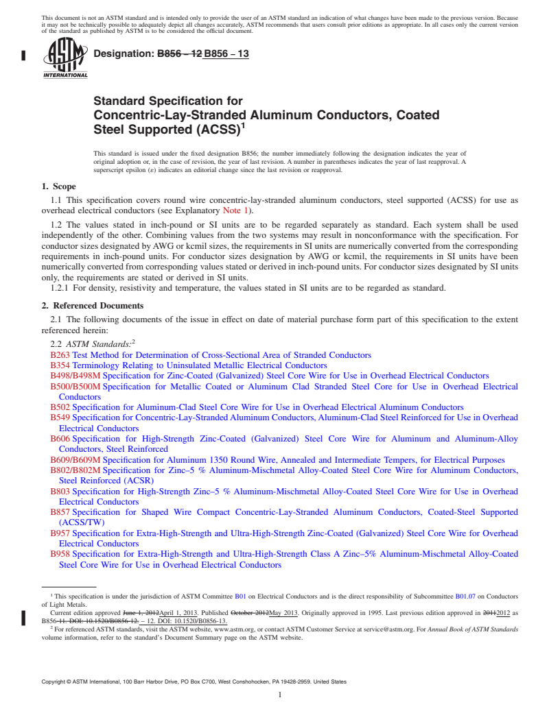 REDLINE ASTM B856-13 - Standard Specification for Concentric-Lay-Stranded Aluminum Conductors, Coated Steel Supported   (ACSS)