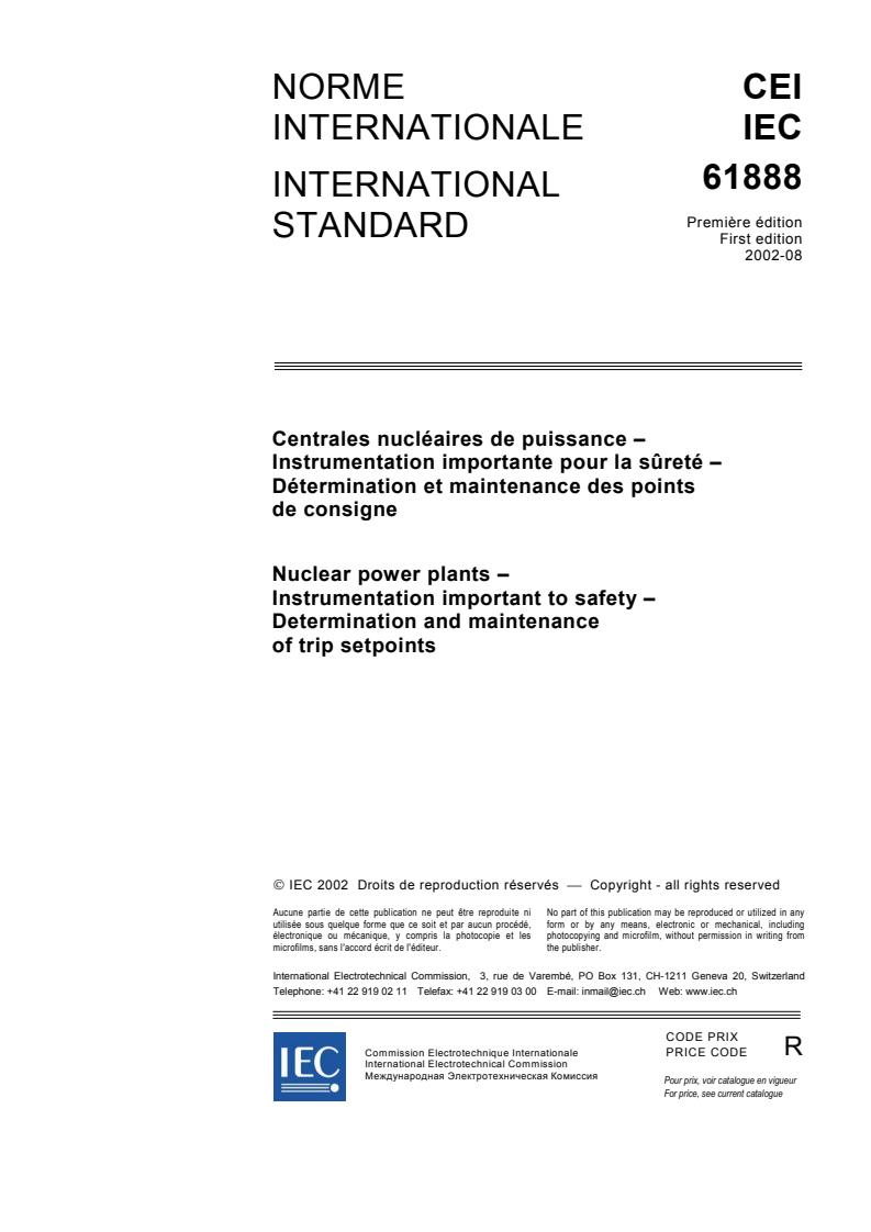 IEC 61888:2002 - Nuclear power plants - Instrumentation important to safety - Determination and maintenance of trip setpoints