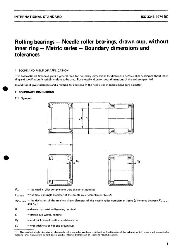ISO 3245:1974 - Rolling bearings -- Needle roller bearings, drawn cup, without inner ring -- Metric series -- Boundary dimensions and tolerances