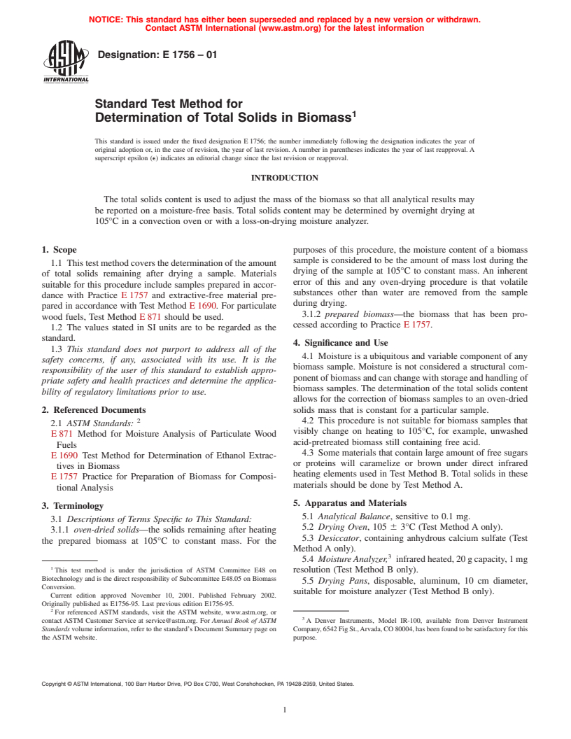 ASTM E1756-01 - Standard Test Method for Determination of Total Solids in Biomass