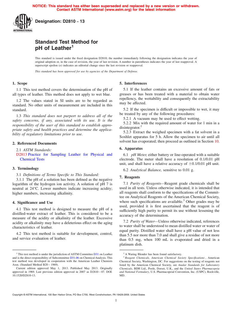 ASTM D2810-13 - Standard Test Method for  pH of Leather