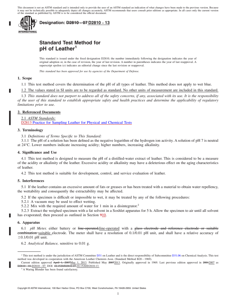 REDLINE ASTM D2810-13 - Standard Test Method for  pH of Leather