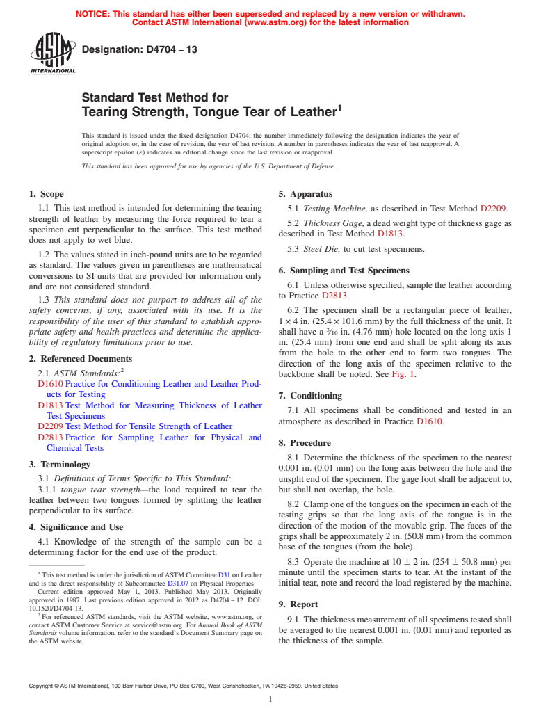 ASTM D4704-13 - Standard Test Method for  Tearing Strength, Tongue Tear of Leather