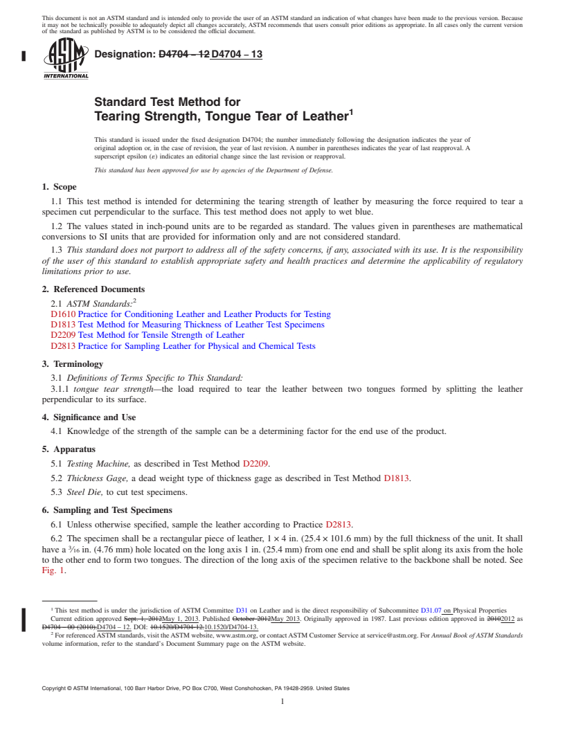 REDLINE ASTM D4704-13 - Standard Test Method for  Tearing Strength, Tongue Tear of Leather