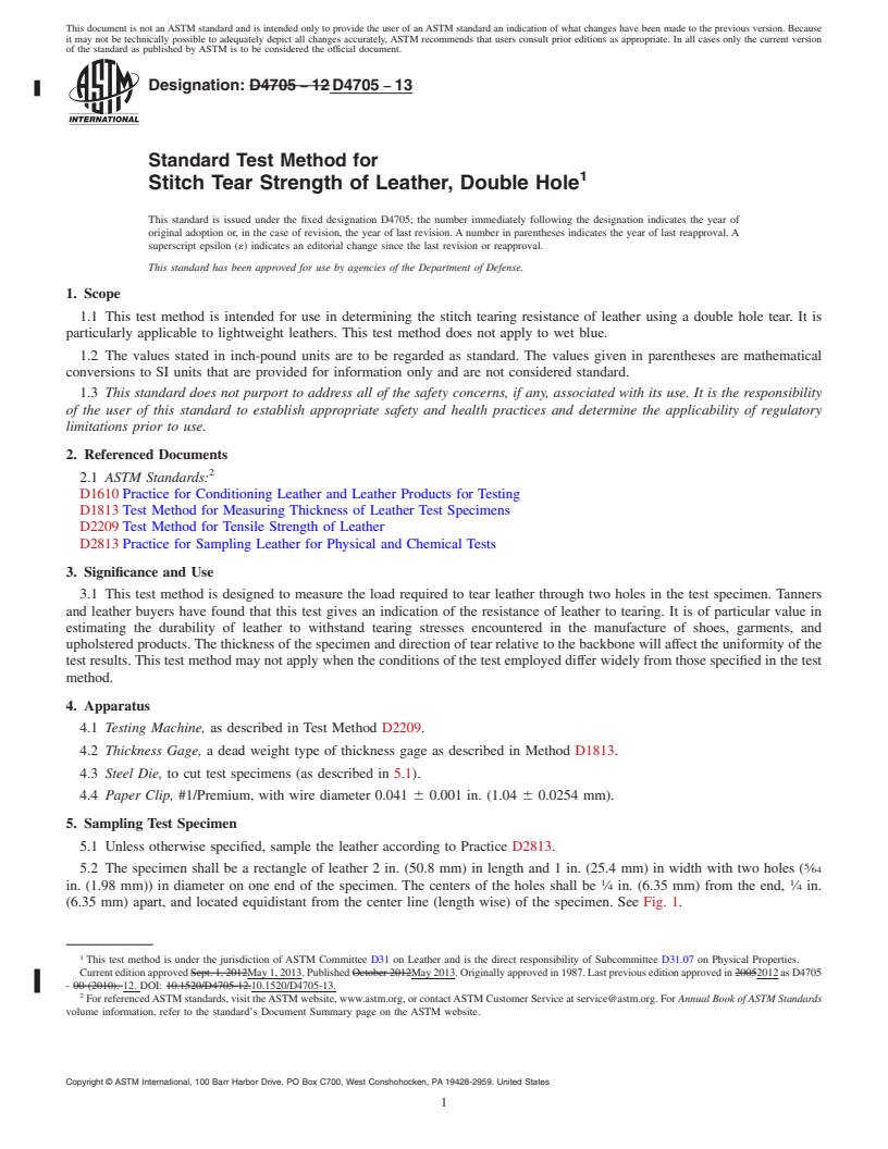 REDLINE ASTM D4705-13 - Standard Test Method for  Stitch Tear Strength of Leather, Double Hole