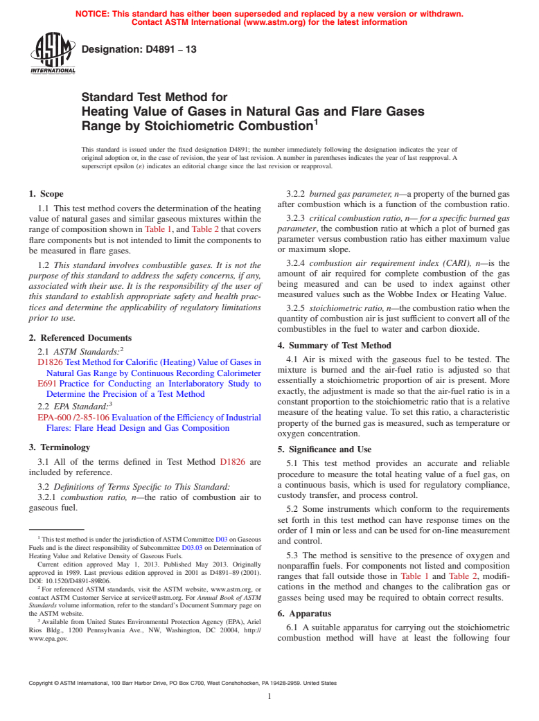 ASTM D4891-13 - Standard Test Method for  Heating Value of Gases in Natural Gas and Flare Gases Range  by Stoichiometric Combustion