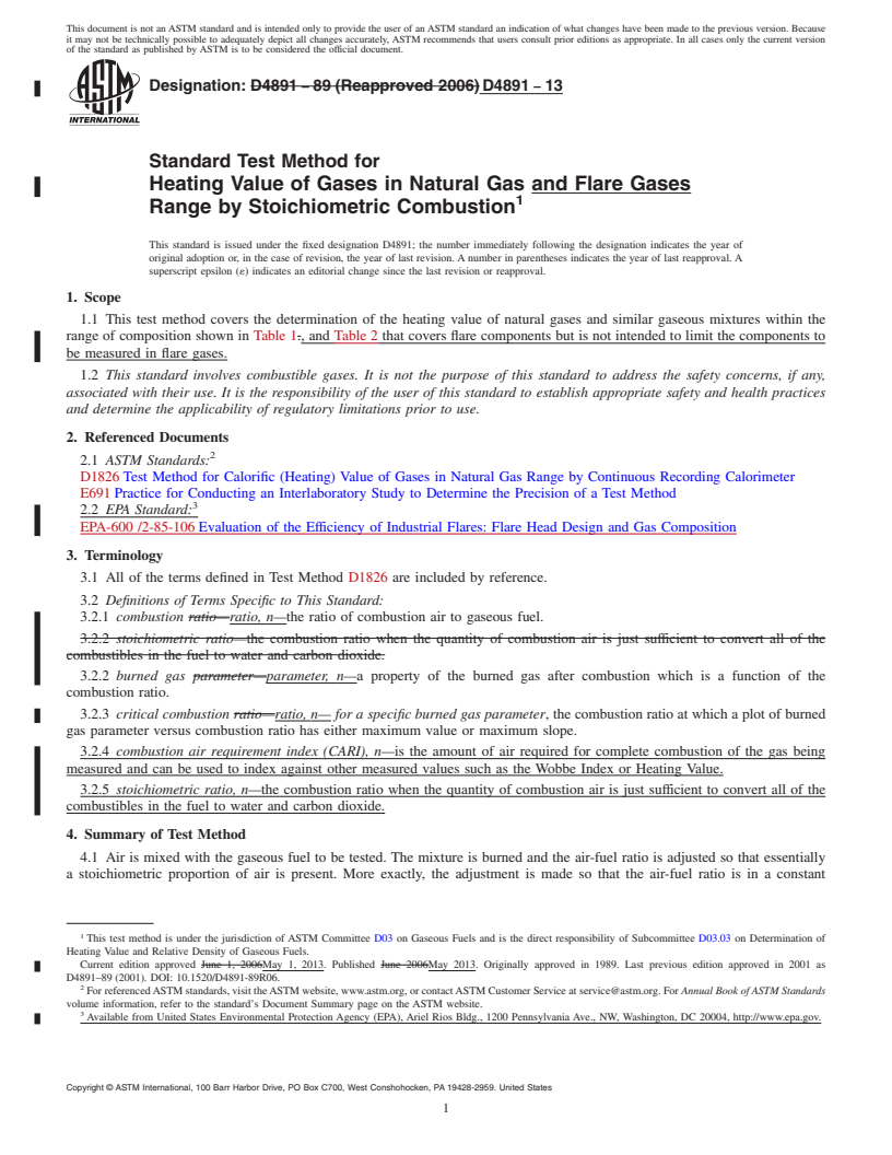 REDLINE ASTM D4891-13 - Standard Test Method for  Heating Value of Gases in Natural Gas and Flare Gases Range  by Stoichiometric Combustion