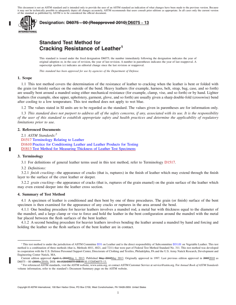 REDLINE ASTM D6075-13 - Standard Test Method for  Cracking Resistance of Leather