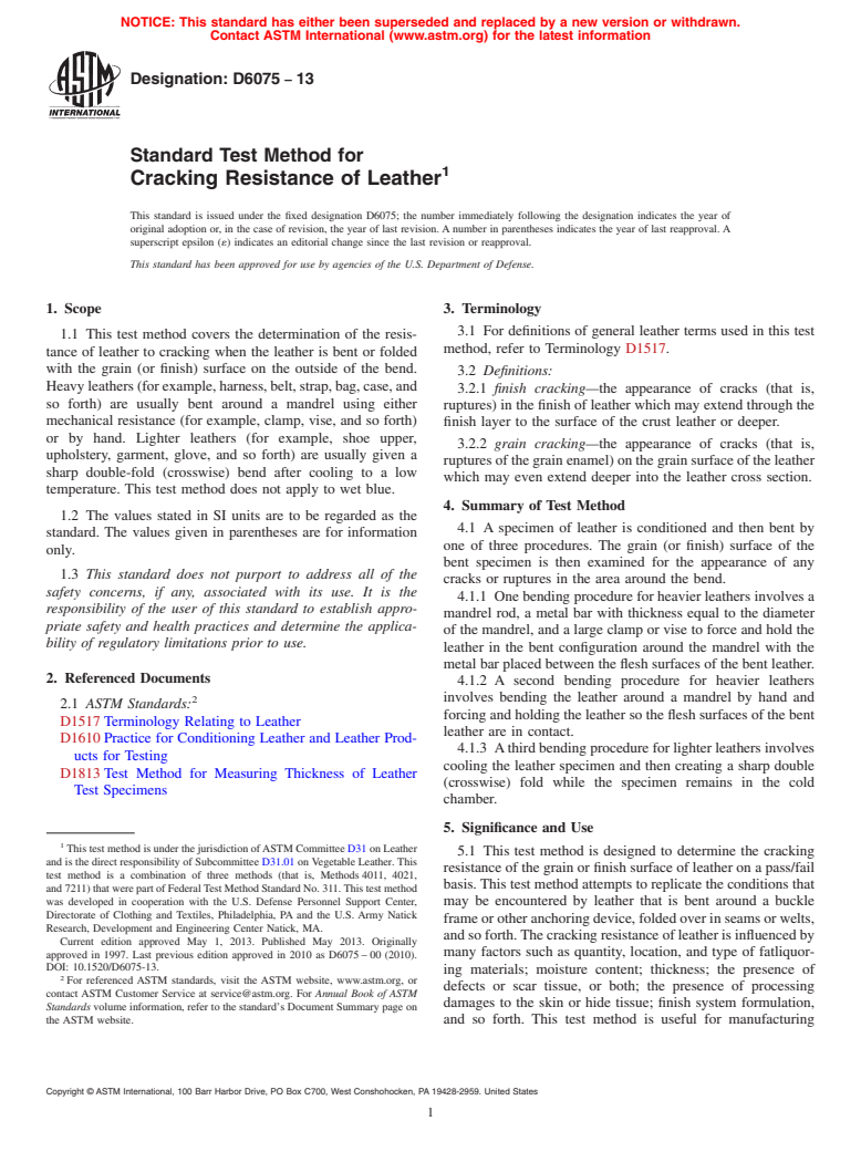 ASTM D6075-13 - Standard Test Method for  Cracking Resistance of Leather