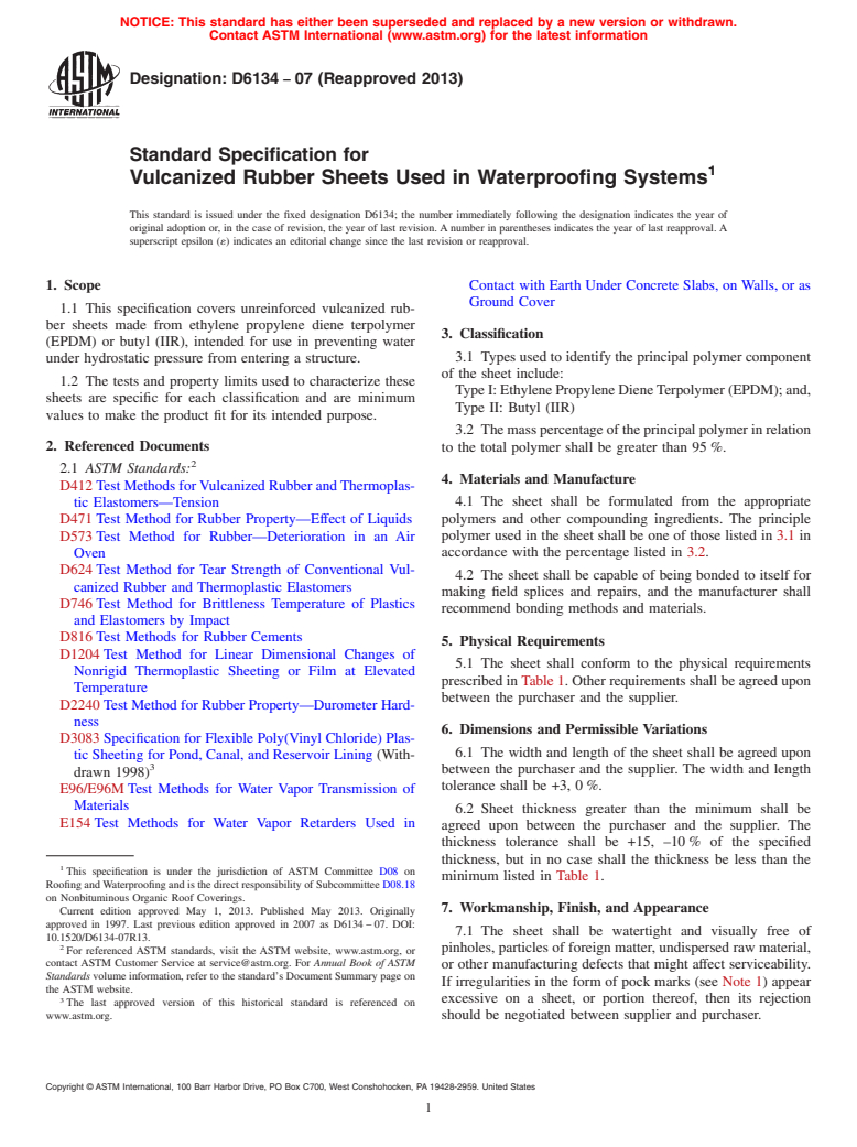 ASTM D6134-07(2013) - Standard Specification for Vulcanized Rubber Sheets Used in Waterproofing Systems