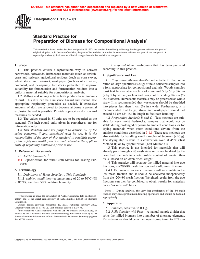 ASTM E1757-01 - Standard Practice for Preparation of Biomass for Compositional Analysis