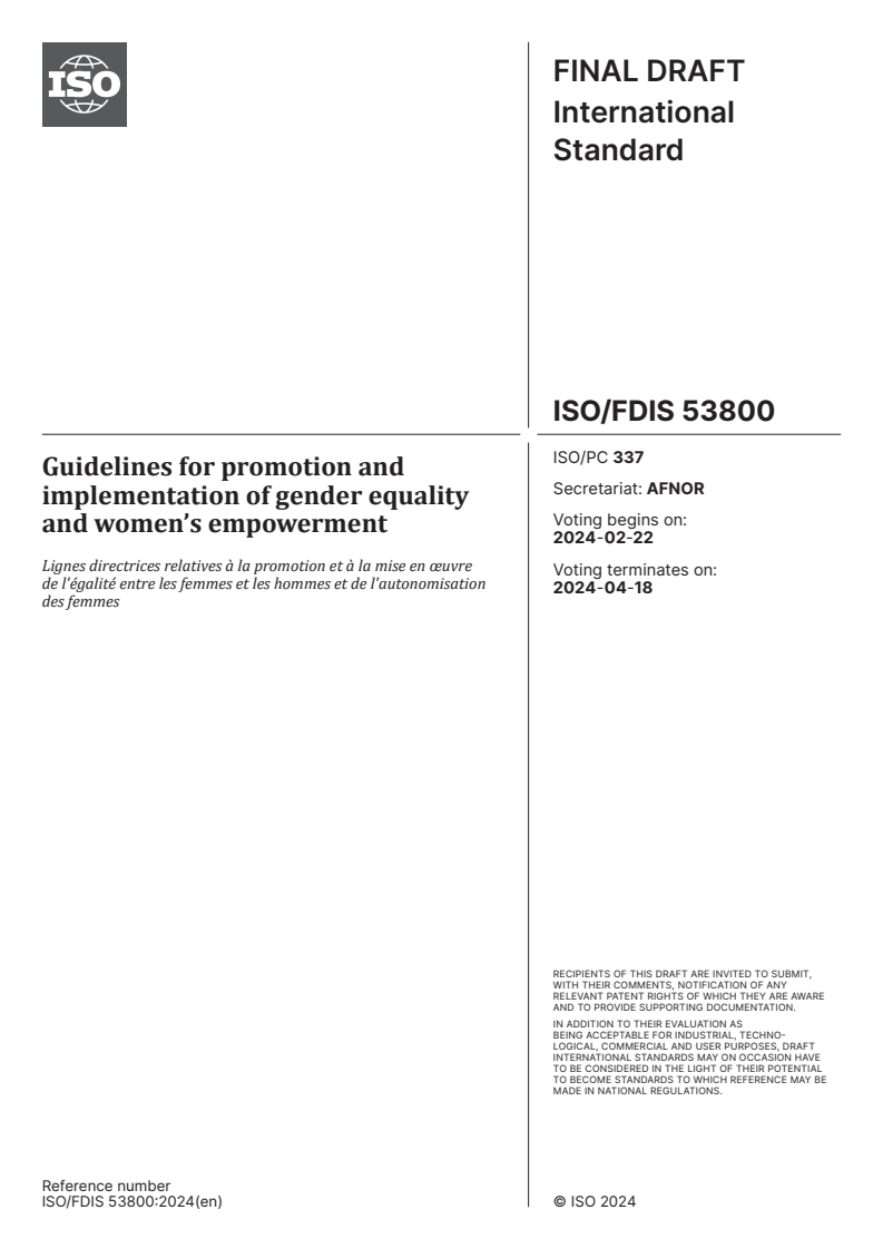 ISO/FDIS 53800 - Guidelines for promotion and implementation of gender equality and women’s empowerment
Released:8. 02. 2024