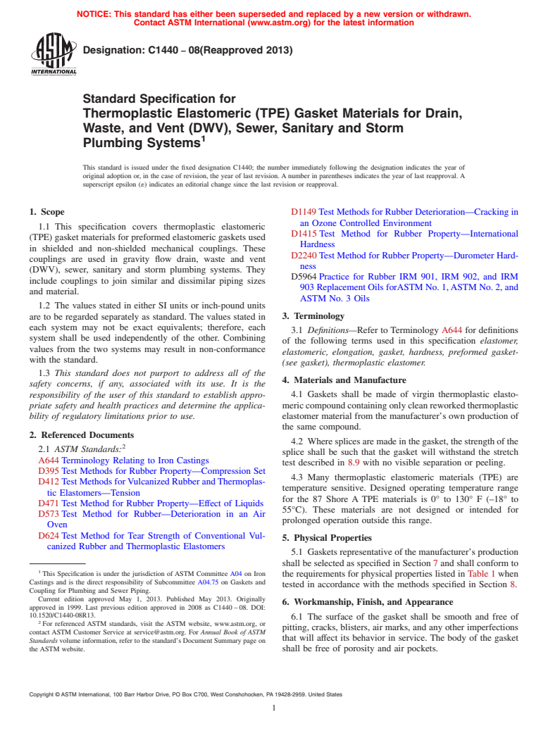 ASTM C1440-08(2013) - Standard Specification for  Thermoplastic Elastomeric (TPE) Gasket Materials for Drain,   Waste, and Vent (DWV), Sewer, Sanitary and Storm Plumbing Systems