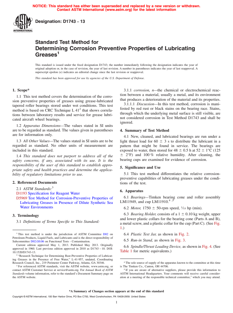 ASTM D1743-13 - Standard Test Method for Determining Corrosion Preventive Properties of Lubricating   Greases