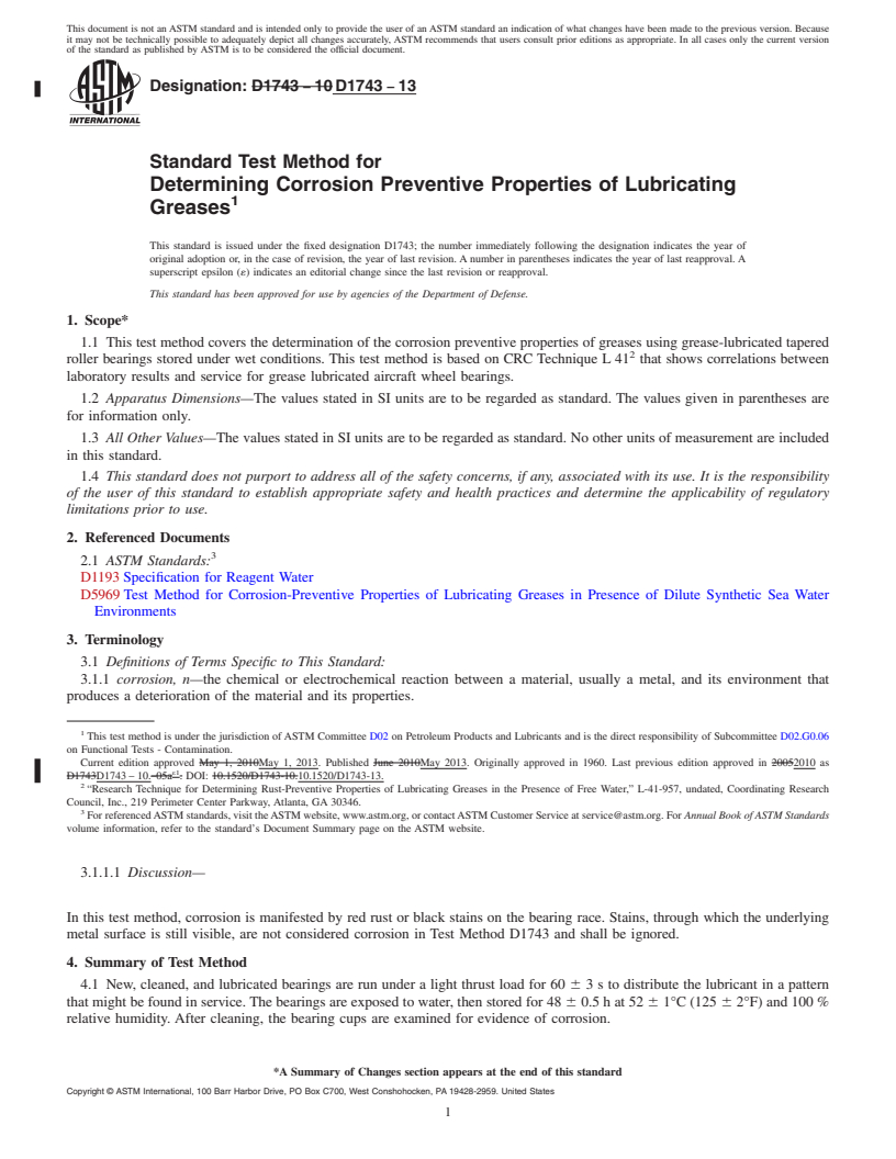 REDLINE ASTM D1743-13 - Standard Test Method for Determining Corrosion Preventive Properties of Lubricating   Greases