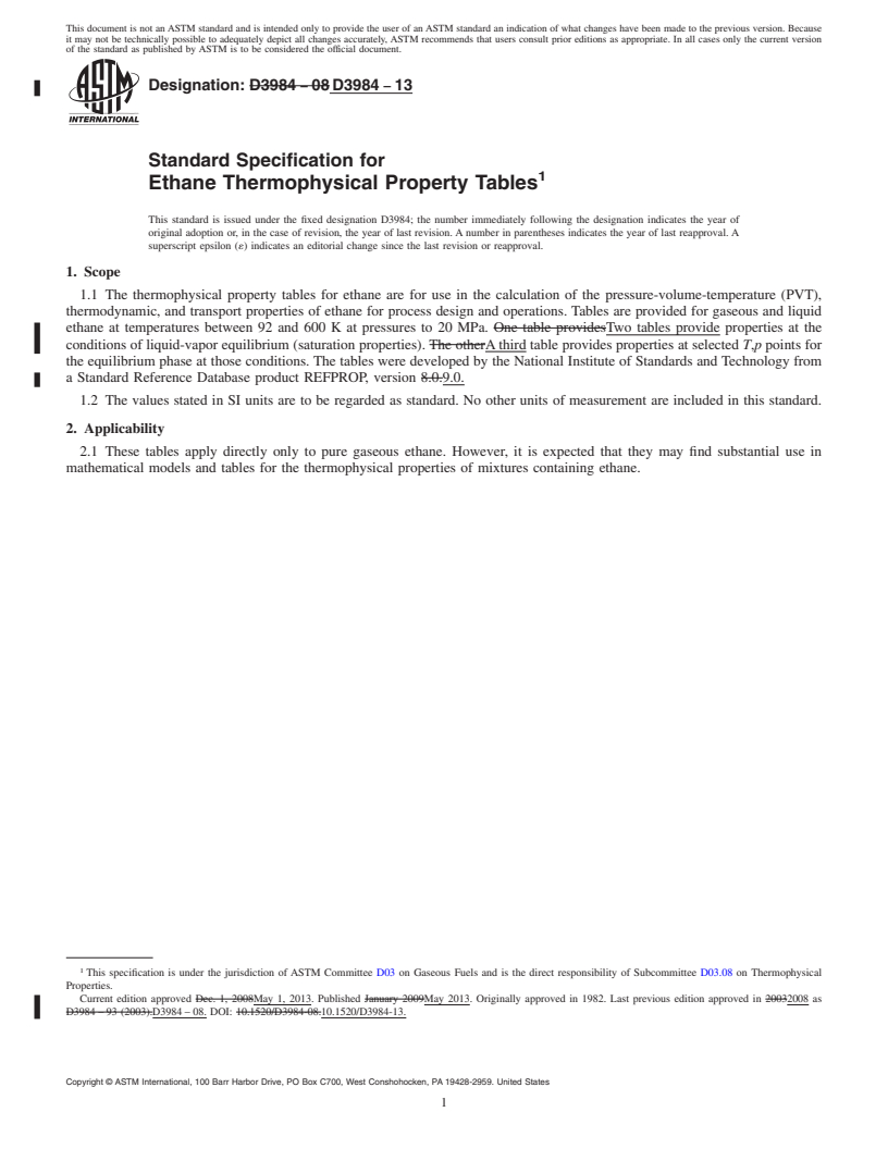 REDLINE ASTM D3984-13 - Standard Specification for Ethane Thermophysical Property Tables