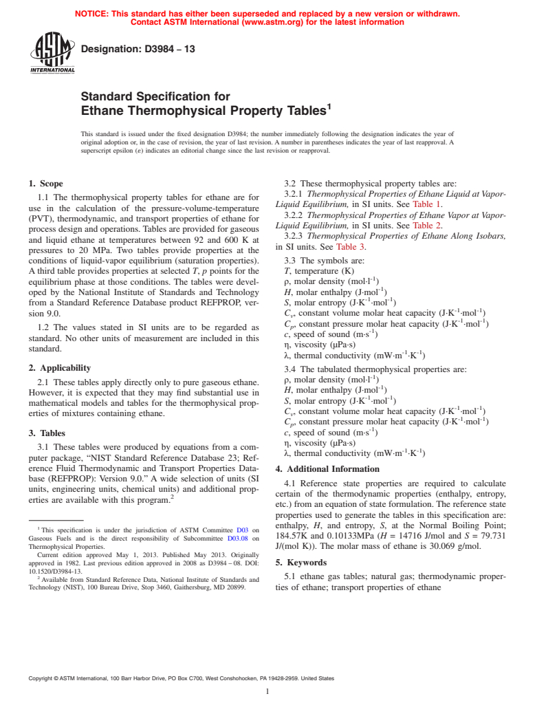 ASTM D3984-13 - Standard Specification for Ethane Thermophysical Property Tables