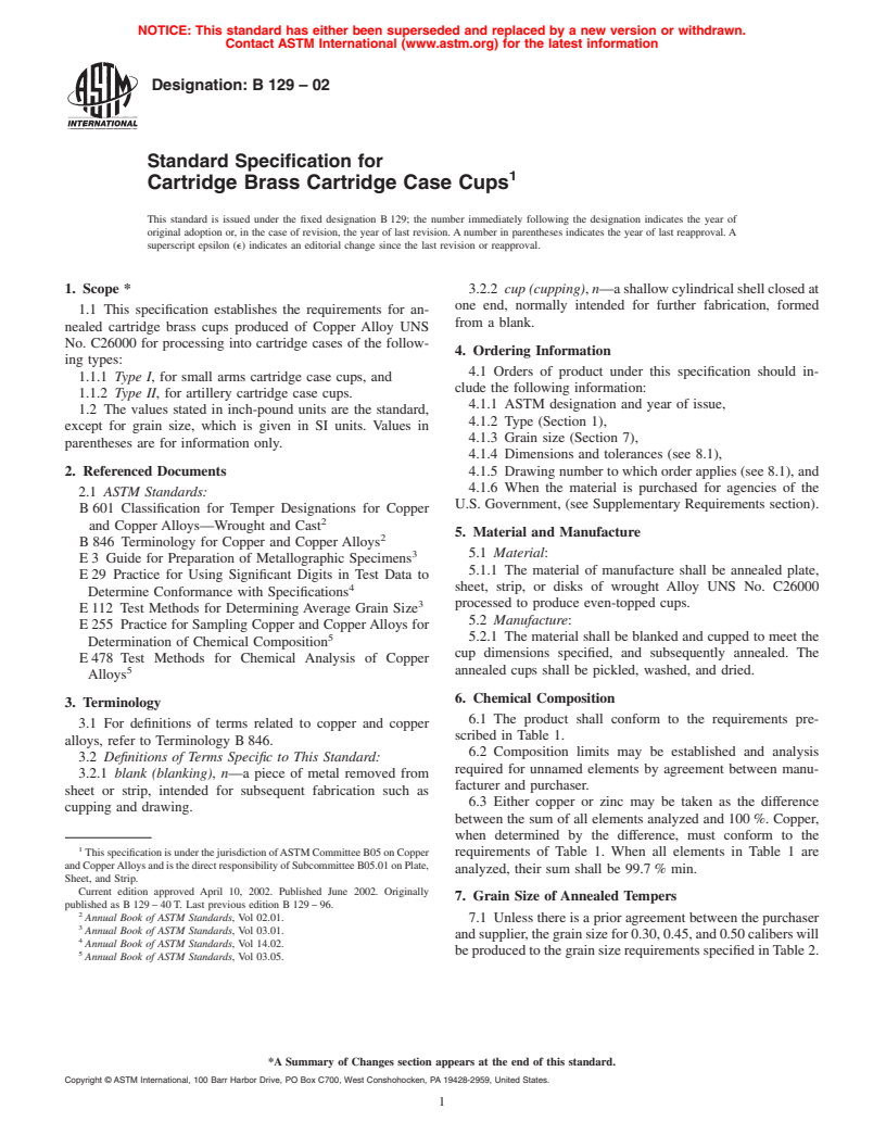 ASTM B129-02 - Standard Specification for Cartridge Brass Cartridge Case Cups