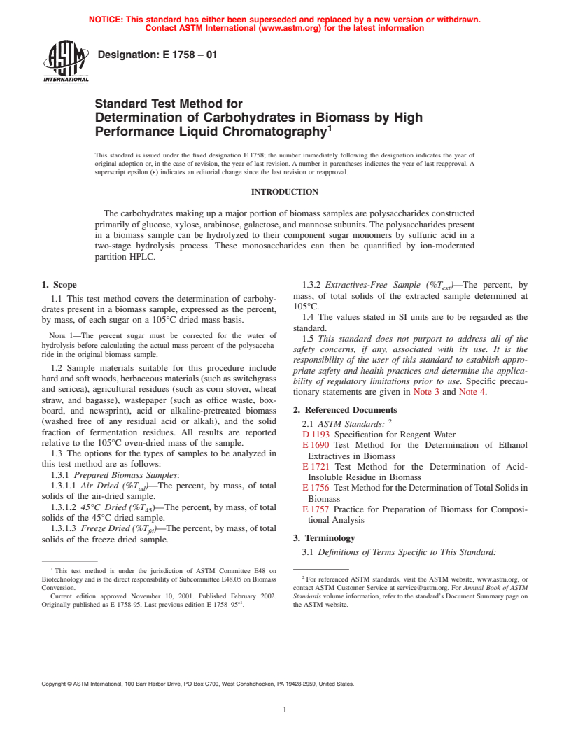 ASTM E1758-01 - Standard Test Method for Determination of Carbohydrates in Biomass by High Performance Liquid Chromatography