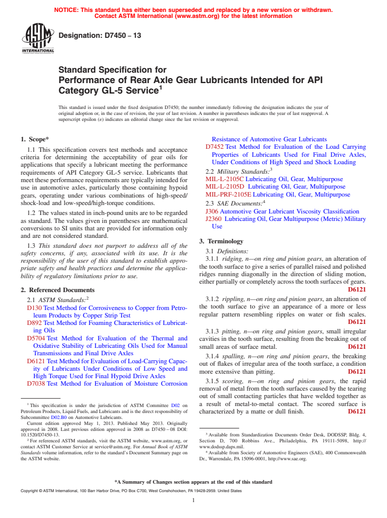 ASTM D7450-13 - Standard Specification for  Performance of Rear Axle Gear Lubricants Intended for API Category  GL-5 Service