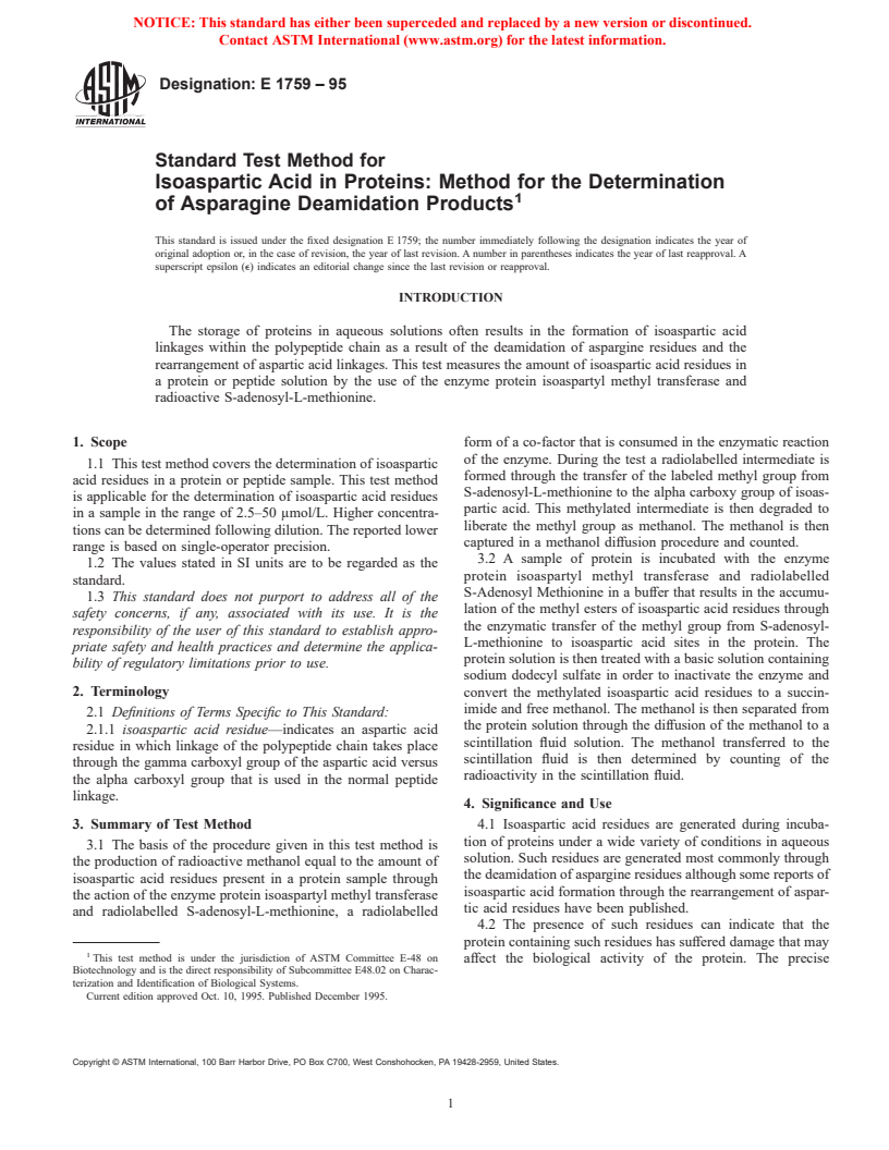 ASTM E1759-95 - Standard Test Method for Isoaspartic Acid in Proteins Method for the Determination of Asparagine Deamidation Products