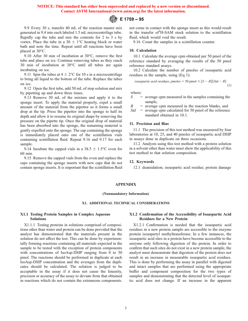 ASTM E1759-95 - Standard Test Method for Isoaspartic Acid in Proteins Method for the Determination of Asparagine Deamidation Products