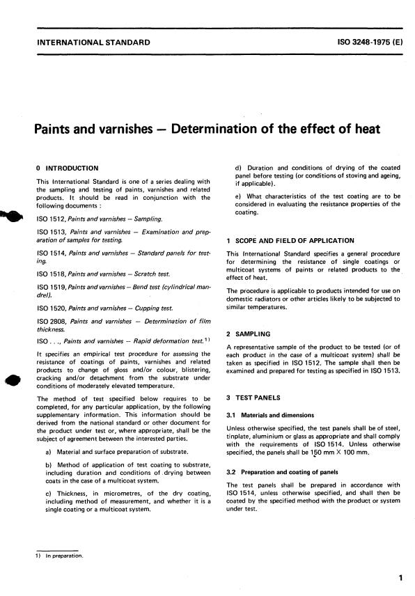 ISO 3248:1975 - Paints and varnishes -- Determination of the effect of heat