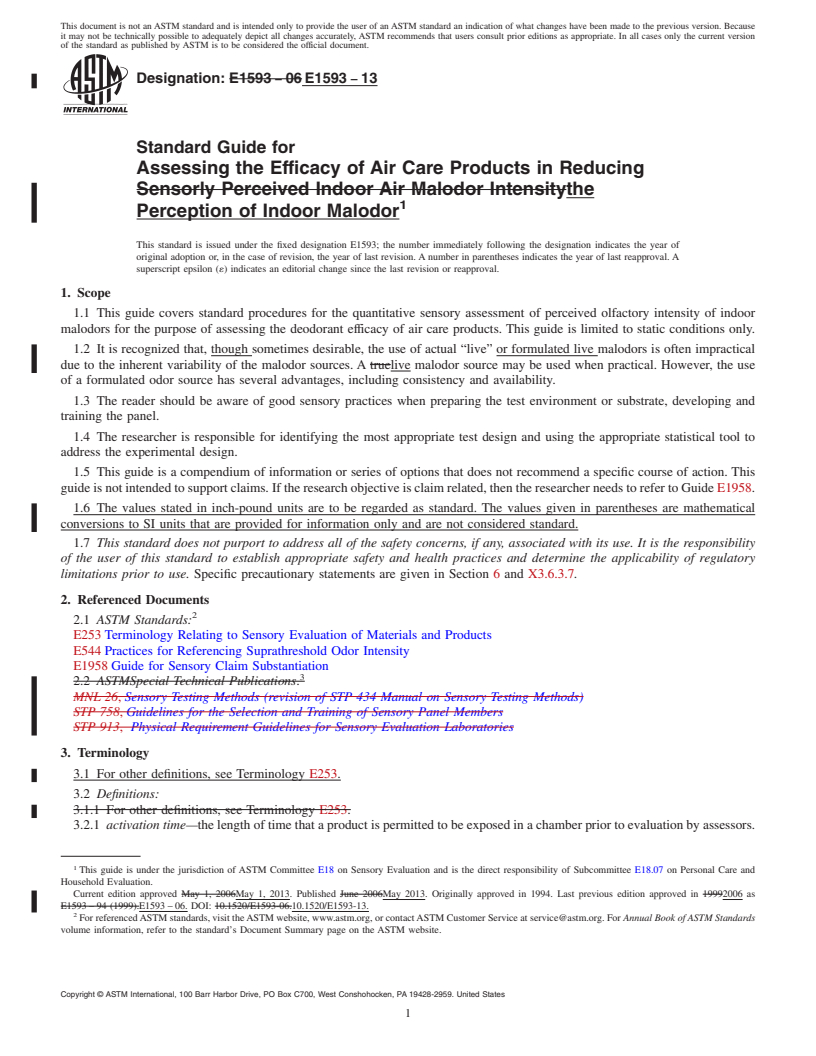 REDLINE ASTM E1593-13 - Standard Guide for  Assessing the Efficacy of Air Care Products in Reducing the  Perception of Indoor Malodor