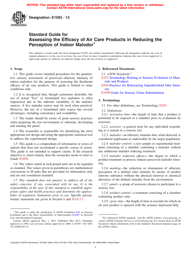 ASTM E1593-13 - Standard Guide for  Assessing the Efficacy of Air Care Products in Reducing the  Perception of Indoor Malodor