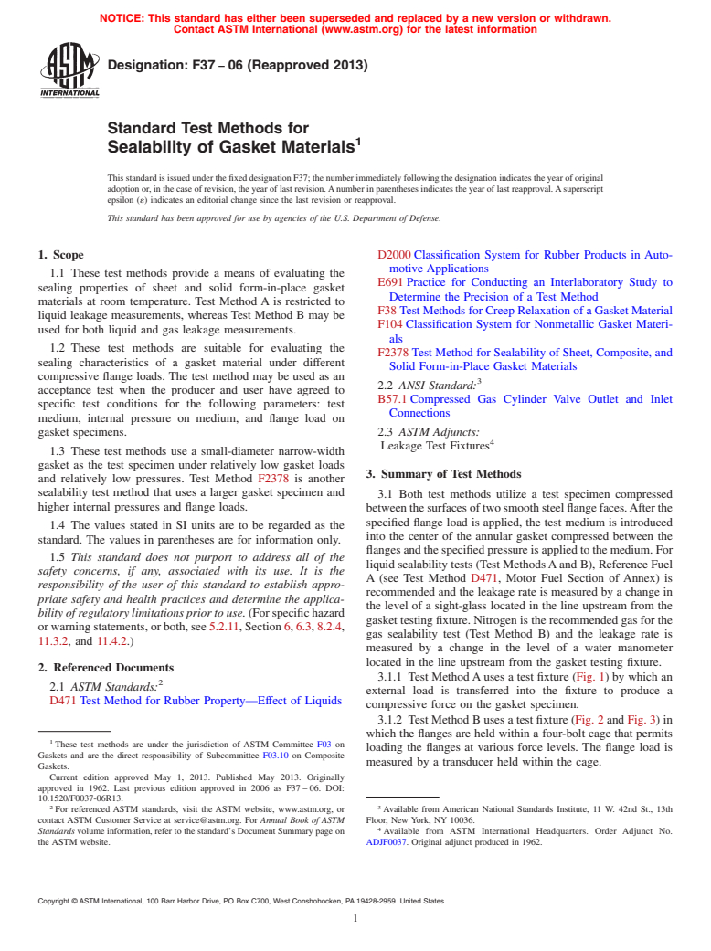 ASTM F37-06(2013) - Standard Test Methods for  Sealability of Gasket Materials