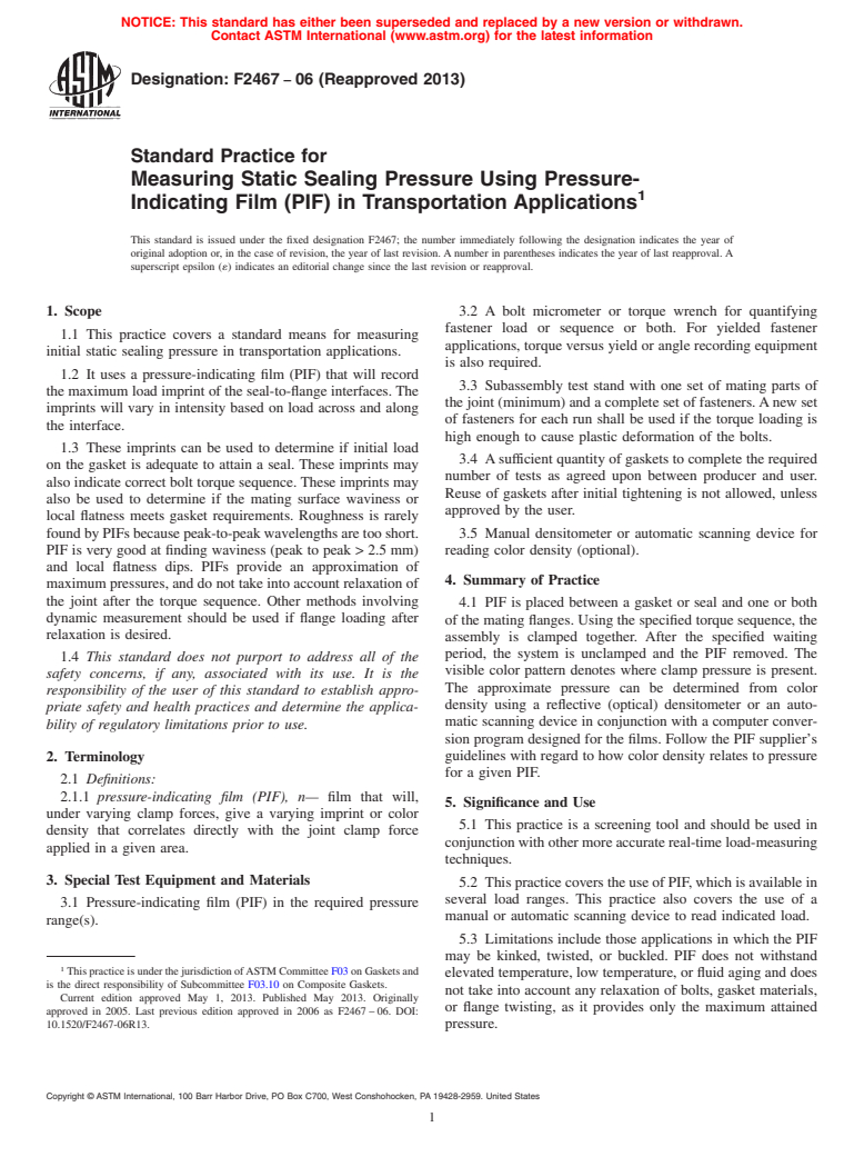 ASTM F2467-06(2013) - Standard Practice for  Measuring Static Sealing Pressure Using Pressure-Indicating  Film (PIF) in Transportation Applications