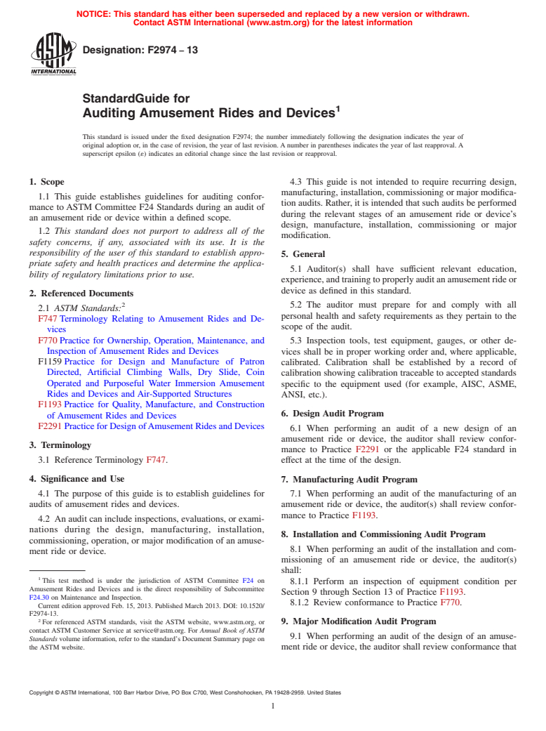 ASTM F2974-13 - Standard Guide for Auditing Amusement Rides and Devices