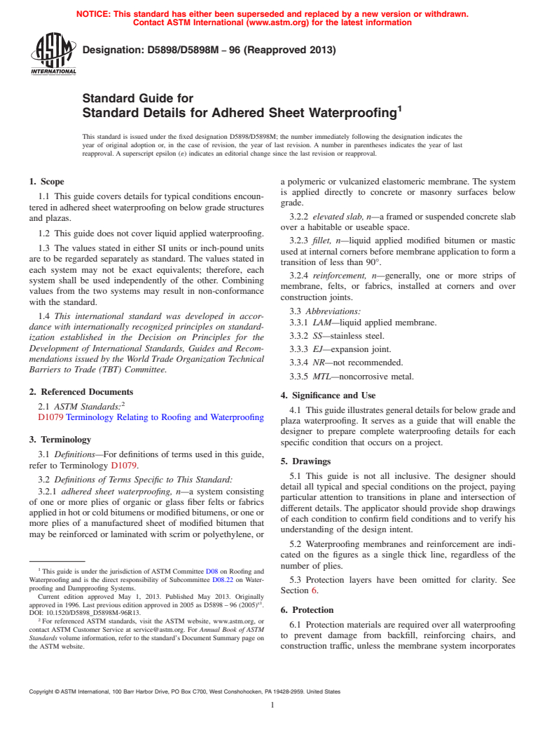 ASTM D5898/D5898M-96(2013) - Standard Guide for Standard Details for Adhered Sheet Waterproofing