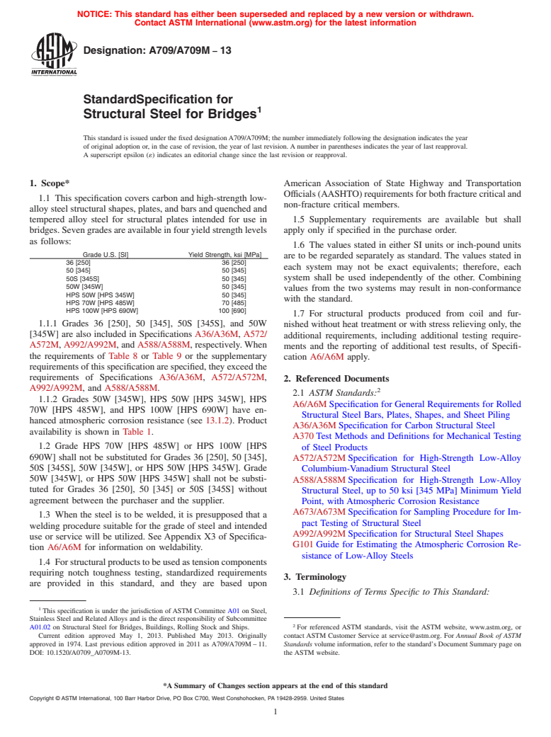 ASTM A709/A709M-13 - Standard Specification for  Structural Steel for Bridges