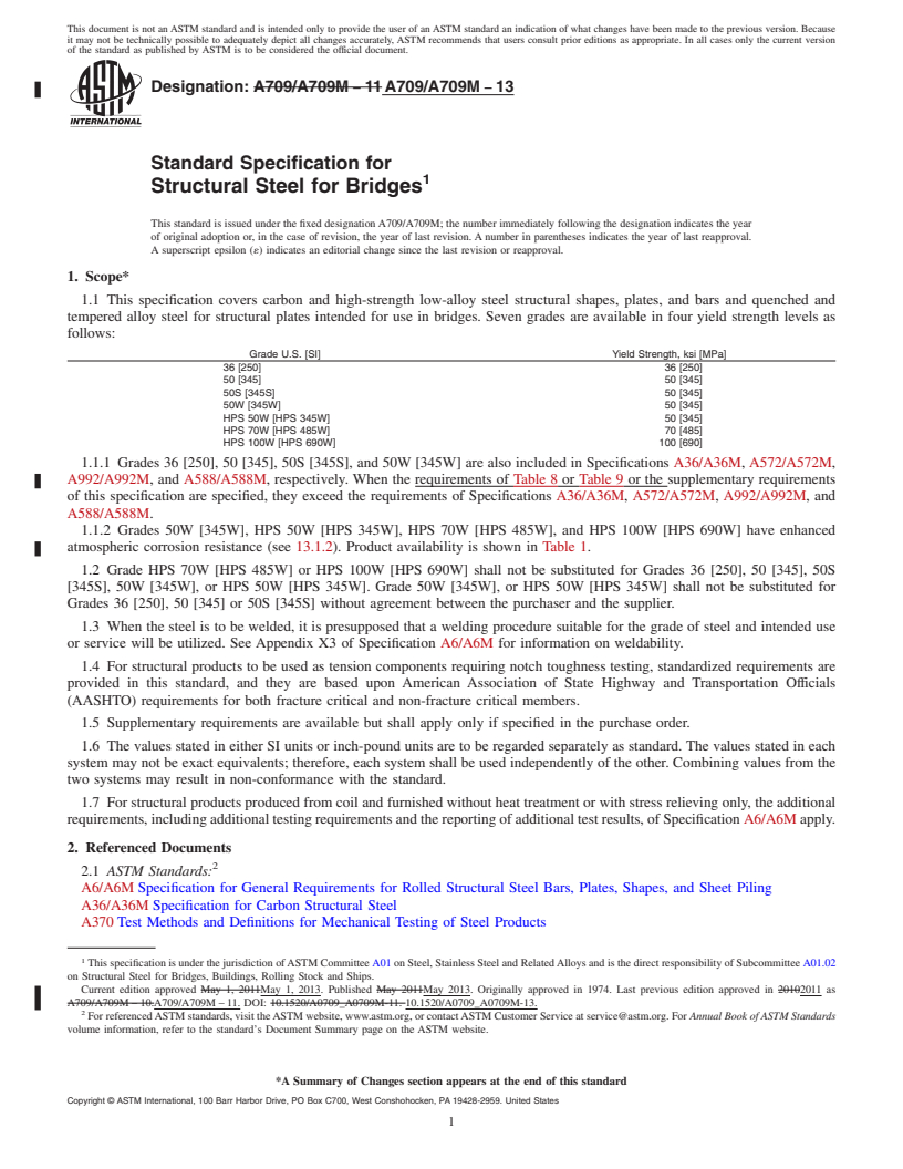 REDLINE ASTM A709/A709M-13 - Standard Specification for  Structural Steel for Bridges