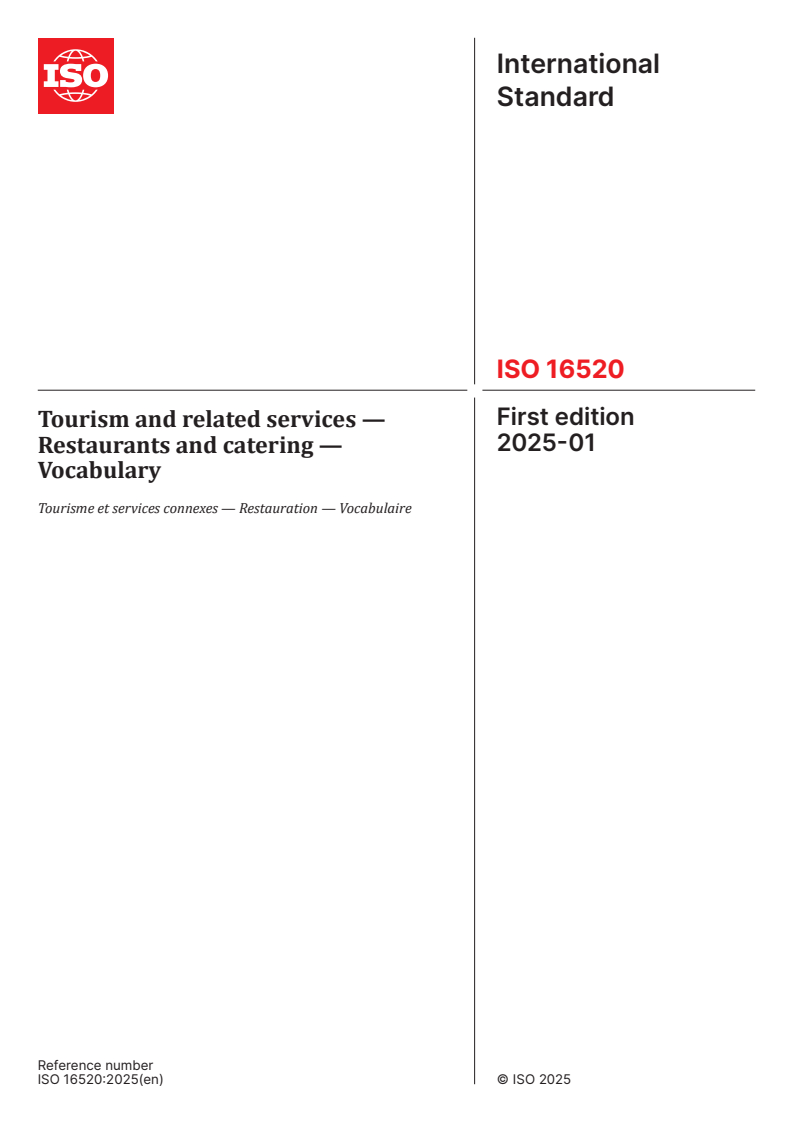 ISO 16520:2025 - Tourism and related services — Restaurants and catering — Vocabulary
Released:10. 01. 2025