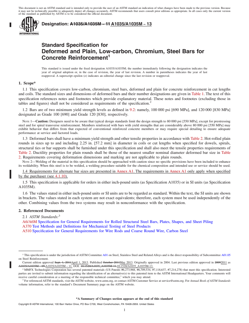 REDLINE ASTM A1035/A1035M-13 - Standard Specification for  Deformed and Plain, Low-carbon, Chromium, Steel Bars for Concrete  Reinforcement