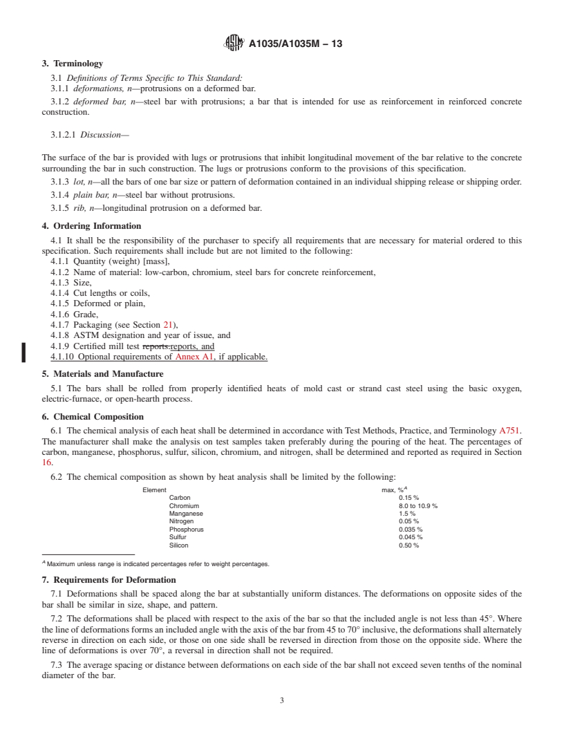 REDLINE ASTM A1035/A1035M-13 - Standard Specification for  Deformed and Plain, Low-carbon, Chromium, Steel Bars for Concrete  Reinforcement