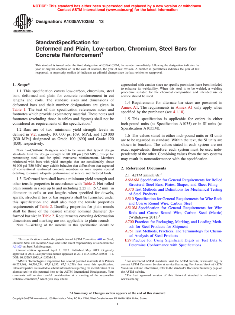 ASTM A1035/A1035M-13 - Standard Specification for  Deformed and Plain, Low-carbon, Chromium, Steel Bars for Concrete  Reinforcement