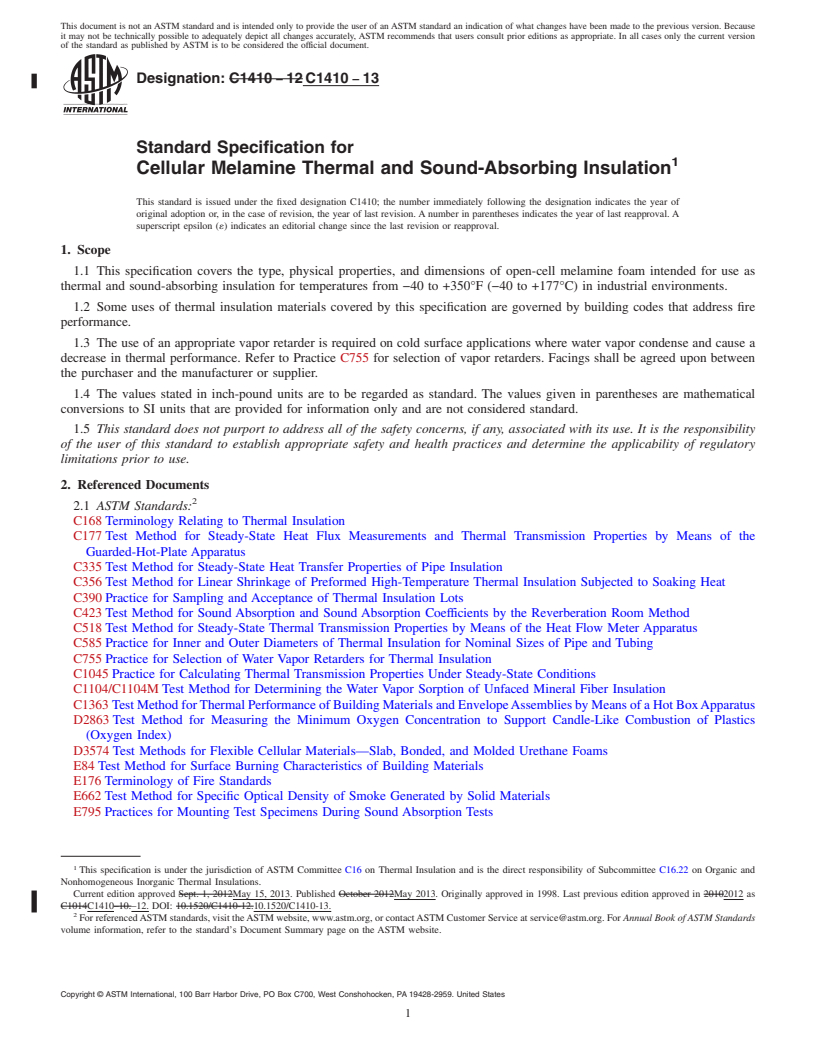 REDLINE ASTM C1410-13 - Standard Specification for  Cellular Melamine Thermal and Sound-Absorbing Insulation