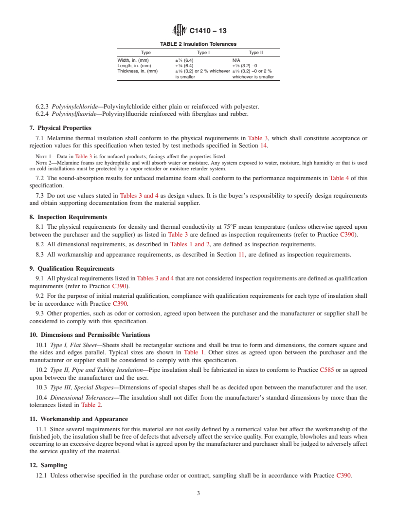 REDLINE ASTM C1410-13 - Standard Specification for  Cellular Melamine Thermal and Sound-Absorbing Insulation