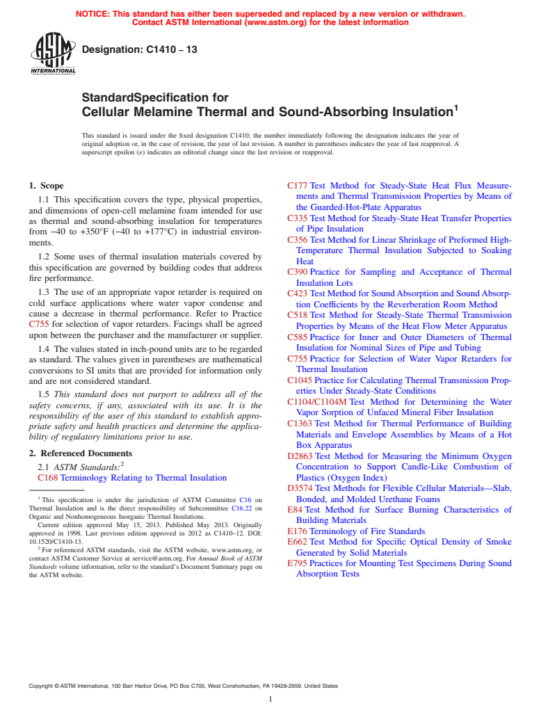 ASTM C1410-13 - Standard Specification for  Cellular Melamine Thermal and Sound-Absorbing Insulation