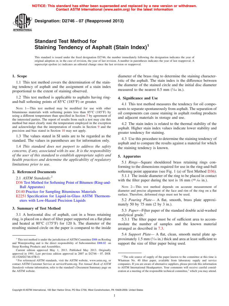 ASTM D2746-07(2013) - Standard Test Method for  Staining Tendency of Asphalt (Stain Index)