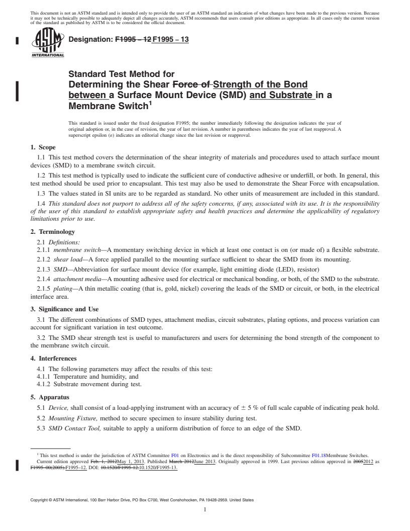 REDLINE ASTM F1995-13 - Standard Test Method for  Determining the Shear Strength of the Bond between a Surface  Mount Device (SMD) and Substrate in a Membrane Switch