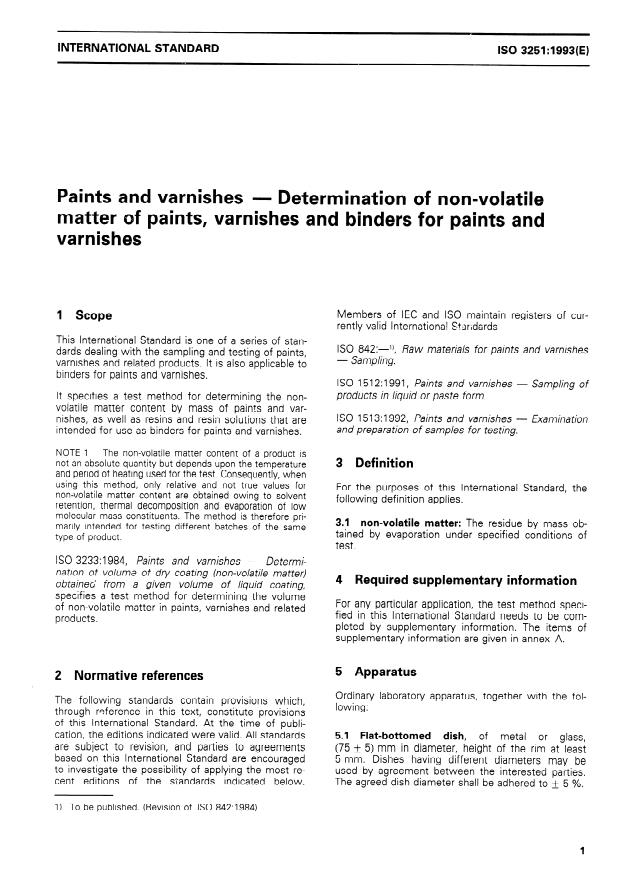 ISO 3251:1993 - Paints and varnishes -- Determination of non-volatile matter of paints, varnishes and binders for paints and varnishes