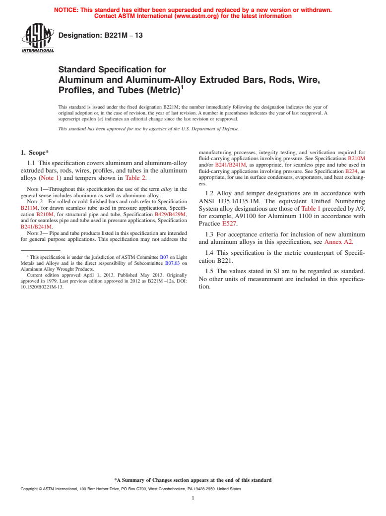 ASTM B221M-13 - Standard Specification for  Aluminum and Aluminum-Alloy Extruded Bars, Rods, Wire, Profiles,  and Tubes (Metric)