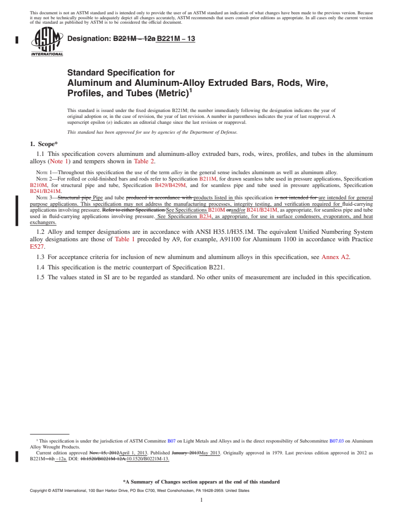 REDLINE ASTM B221M-13 - Standard Specification for  Aluminum and Aluminum-Alloy Extruded Bars, Rods, Wire, Profiles,  and Tubes (Metric)